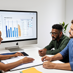 **A diverse team collaborating on a global project:** Show people from different cultural backgrounds working together in a modern office setting, perhaps brainstorming or analyzing data on a screen. Focus on teamwork, communication, and a global perspective.