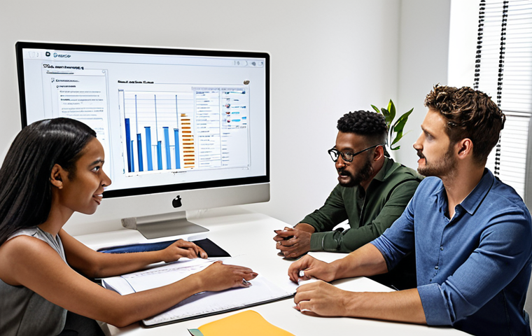 **A diverse team collaborating on a global project:** Show people from different cultural backgrounds working together in a modern office setting, perhaps brainstorming or analyzing data on a screen. Focus on teamwork, communication, and a global perspective.