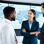 A diverse group of professional business individuals, both male and female, in modest business suits and appropriate professional attire, collaborating around an interactive digital display in a futuristic, high-tech global office. The screen shows data analytics, AI algorithms, and a world map, symbolizing innovation and new perspectives. The setting is bright and spacious. Fully clothed, safe for work, appropriate content, family-friendly. Perfect anatomy, correct proportions, natural poses, well-formed hands, proper finger count, natural body proportions. Professional photography, sharp focus, high quality.