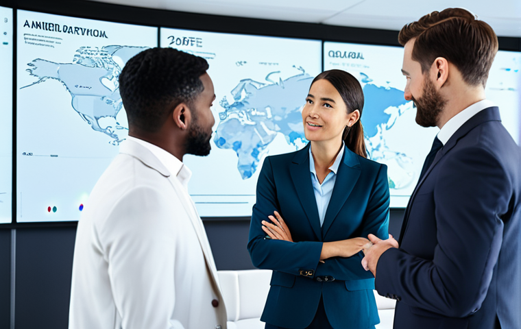 A diverse group of professional business individuals, both male and female, in modest business suits and appropriate professional attire, collaborating around an interactive digital display in a futuristic, high-tech global office. The screen shows data analytics, AI algorithms, and a world map, symbolizing innovation and new perspectives. The setting is bright and spacious. Fully clothed, safe for work, appropriate content, family-friendly. Perfect anatomy, correct proportions, natural poses, well-formed hands, proper finger count, natural body proportions. Professional photography, sharp focus, high quality.