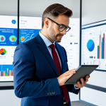 A professional business executive, fully clothed in a modest business suit and appropriate attire, standing in a modern, high-tech office. Large digital displays in the background show dynamic business data analytics, growth charts, and global e-commerce activity. The executive is looking at a tablet, engaged in a focused, innovative manner. This image embodies safe for work, appropriate content, professional dress, perfect anatomy, correct proportions, natural pose, well-formed hands, proper finger count, natural body proportions, professional photography, high resolution, family-friendly.