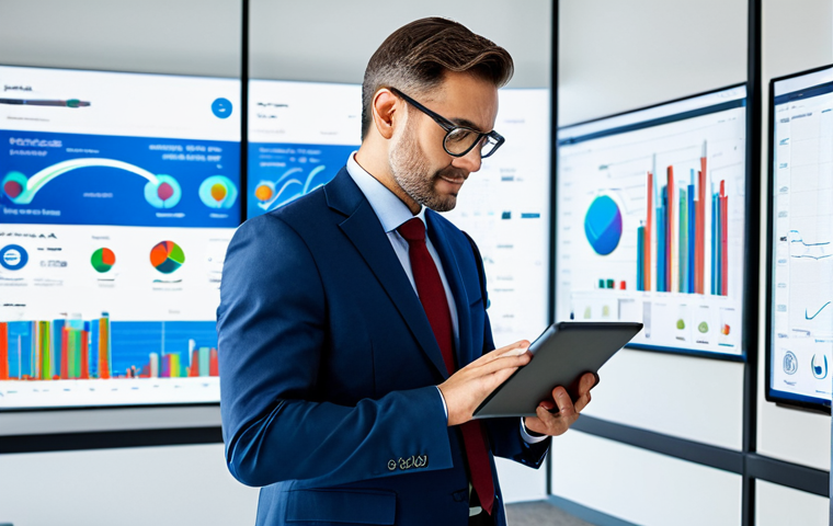 A professional business executive, fully clothed in a modest business suit and appropriate attire, standing in a modern, high-tech office. Large digital displays in the background show dynamic business data analytics, growth charts, and global e-commerce activity. The executive is looking at a tablet, engaged in a focused, innovative manner. This image embodies safe for work, appropriate content, professional dress, perfect anatomy, correct proportions, natural pose, well-formed hands, proper finger count, natural body proportions, professional photography, high resolution, family-friendly.