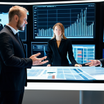 A diverse group of professional business executives, fully clothed in modest business suits and dresses, collaborating around a large interactive digital display table in a sleek, futuristic corporate office. The screen shows abstract data visualizations and AI network graphs, emphasizing innovation and teamwork. Perfect anatomy, correct proportions, natural pose, well-formed hands, proper finger count, natural body proportions. Professional photography, high quality, 8K, cinematic lighting, safe for work, appropriate content, fully clothed, professional.