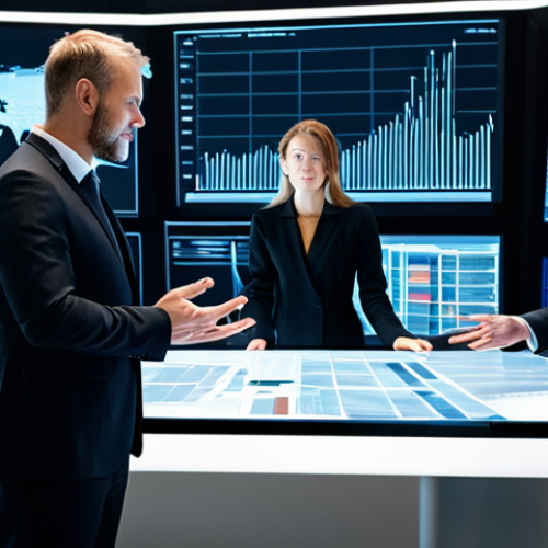 Home 8 A diverse group of professional business executives, fully clothed in modest business suits and dresses, collaborating around a large interactive digital display table in a sleek, futuristic corporate office. The screen shows abstract data visualizations and AI network graphs, emphasizing innovation and teamwork. Perfect anatomy, correct proportions, natural pose, well-formed hands, proper finger count, natural body proportions. Professional photography, high quality, 8K, cinematic lighting, safe for work, appropriate content, fully clothed, professional.