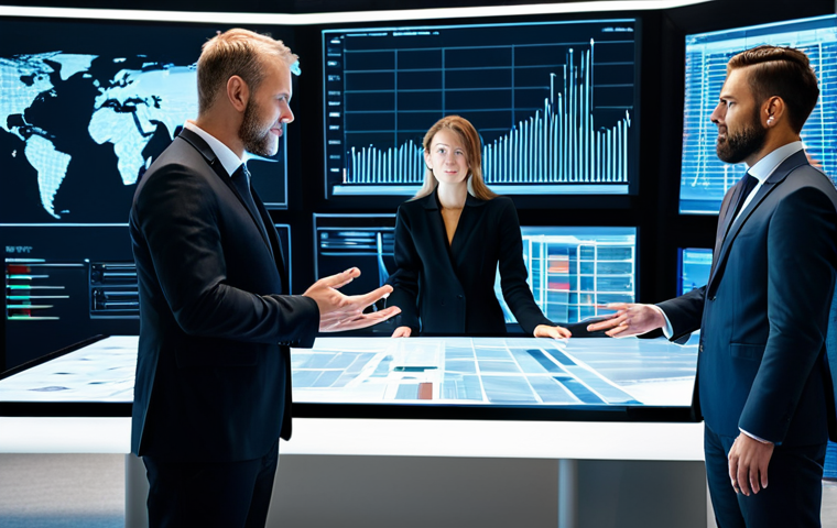 A diverse group of professional business executives, fully clothed in modest business suits and dresses, collaborating around a large interactive digital display table in a sleek, futuristic corporate office. The screen shows abstract data visualizations and AI network graphs, emphasizing innovation and teamwork. Perfect anatomy, correct proportions, natural pose, well-formed hands, proper finger count, natural body proportions. Professional photography, high quality, 8K, cinematic lighting, safe for work, appropriate content, fully clothed, professional.