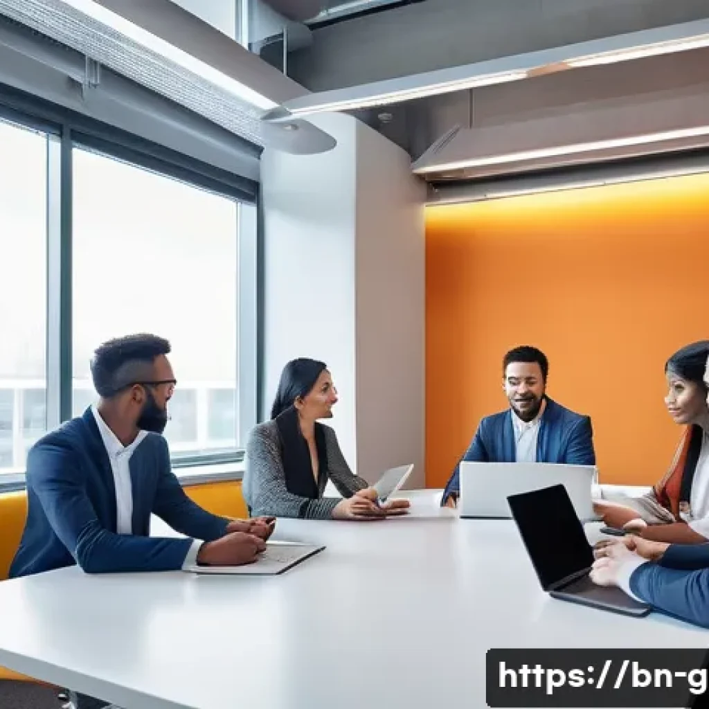 글로벌 비즈니스 직무 준비와 발전 - A diverse multinational business team in a modern office setting, engaged in a dynamic meeting aroun...