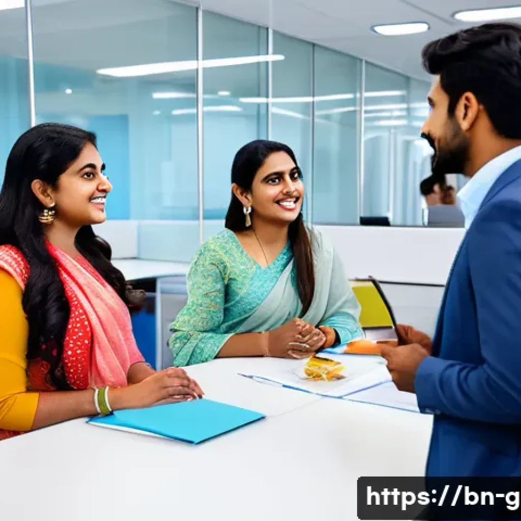 글로벌 비즈니스 이직 후 업무 정착기 - A diverse group of young Bengali professionals in a modern international office setting, engaging in...