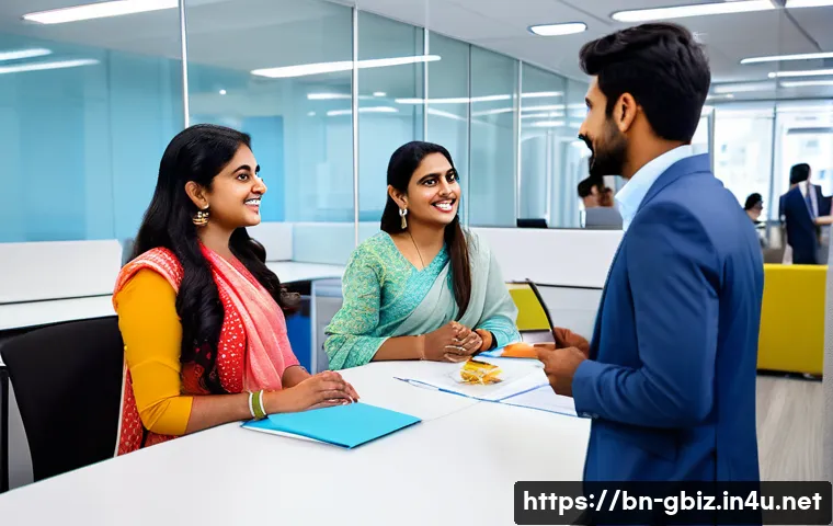 글로벌 비즈니스 이직 후 업무 정착기 - A diverse group of young Bengali professionals in a modern international office setting, engaging in...