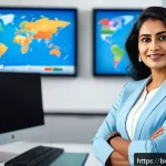 글로벌 비즈니스 자격증 취득 후 커리어 상승 - A professional Bengali businesswoman in modern corporate attire, confidently leading a diverse multi...