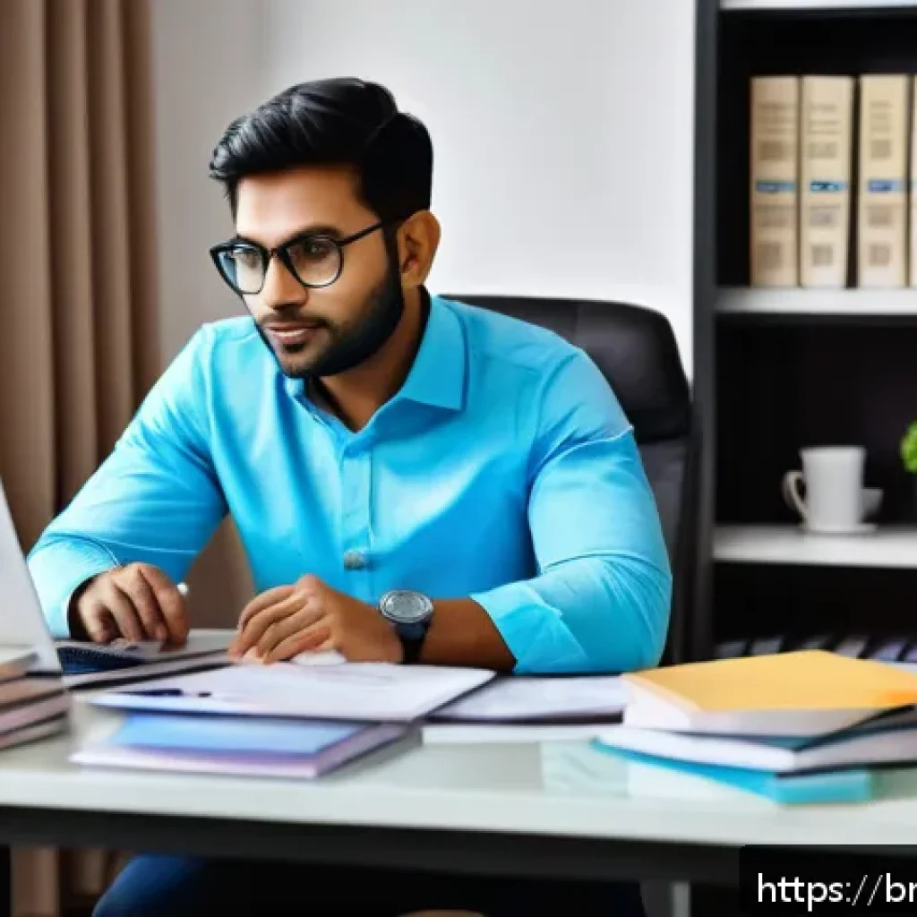 글로벌 비즈니스 자격증 취득을 위한 5단계 전략 - A professional Bengali man in his early 30s, sitting at a modern home office desk, attentively study...